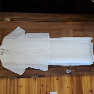 WHITE FULLY LINED MAXI DRESS. LACE CHIFFON TYPE OVERLAY SIZE  14